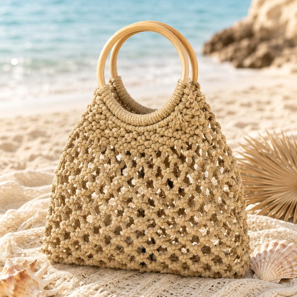 Boho Macrame Purse Beige Wooden Handle Crochet Beach Bag
